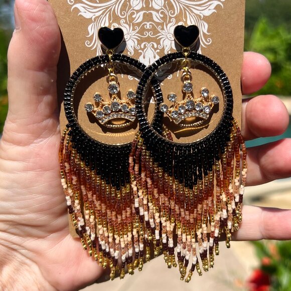 Handmade Beaded Queen Long Fringe Dangle Drop Lightweight Post Hoop Earrings - Picture 3 of 10